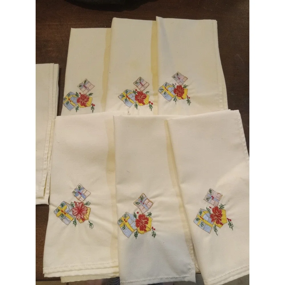 Vintage Christmas Cloth Napkins Set of 7Hand Embroidered Presents Cream Holiday